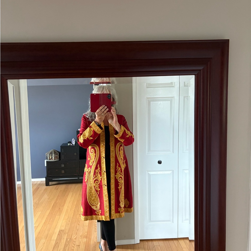Elegant Red and Gold Silk Women's Coat